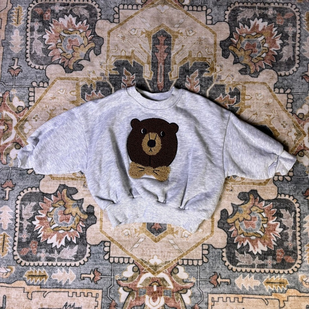Mini Rodini Grey Bear Boucle Patch Sweatshirt Baby Sz 1-4M Snap Shoulder Turkye